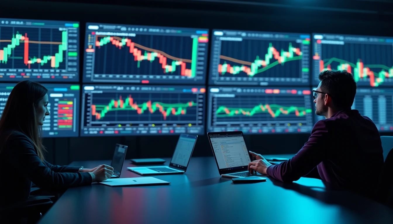Ein moderner Börsensaal in Frankfurt mit mehreren Monitoren, die komplexe Candlestick-Charts und algorithmische Datenströme anzeigen, während Analysten im Hintergrund Strategien diskutieren und Marktbewegungen beobachten