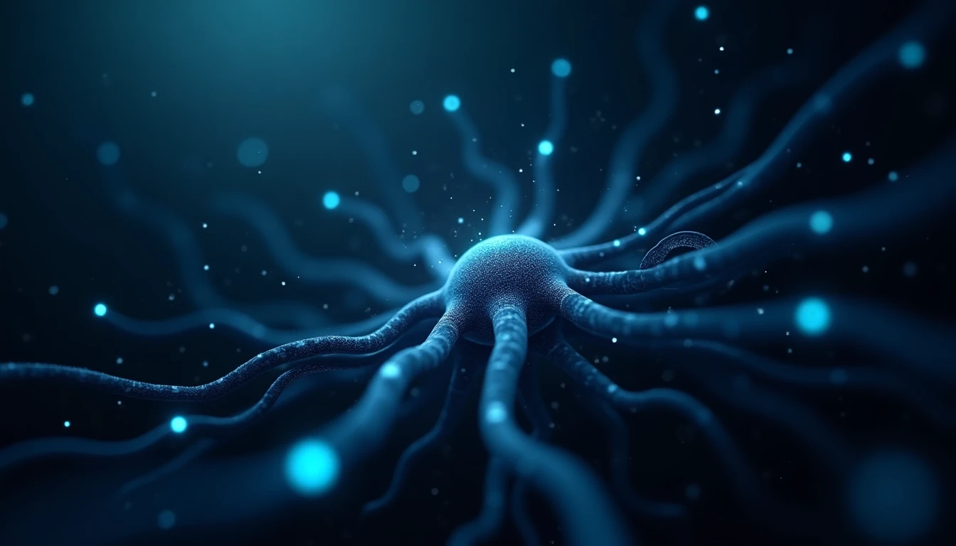 Abstrakte Darstellung eines neuronalen Netzwerks mit leuchtenden Knotenpunkten auf dunklem Hintergrund, symbolisierend die Vernetzung globaler Finanzdaten durch künstliche Intelligenz