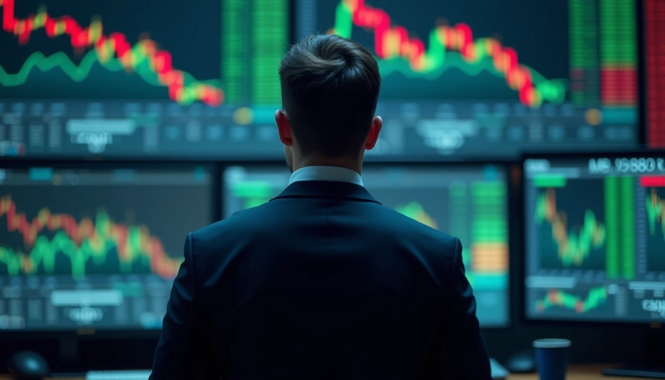 Ein Finanzanalyst in Businesskleidung steht vor einer Wand aus Bildschirmen, die rote und grüne Aktienkurse zeigen, und analysiert nachdenklich die aktuellen Markttrends